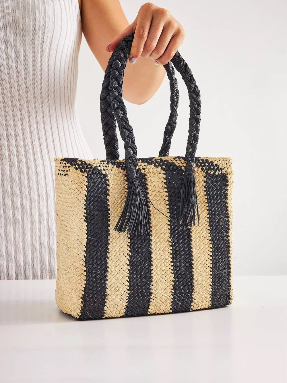 Woven Straw Tote Bag with Black Stripes